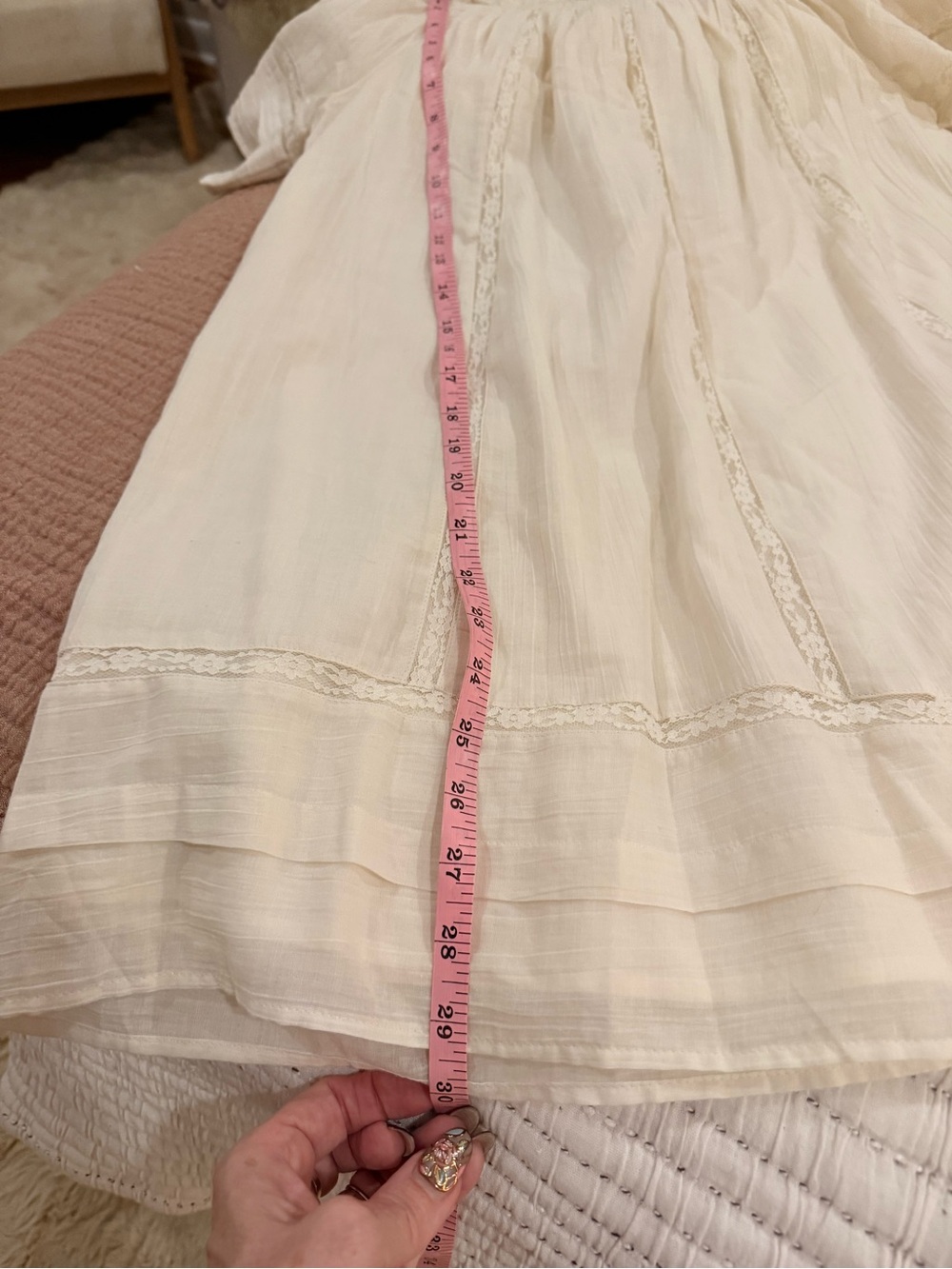 Light Cream Muslin Short-Sleeve Smocked-neck Cotton Lace Trim Dress Aerie Small - Picture 10 of 11